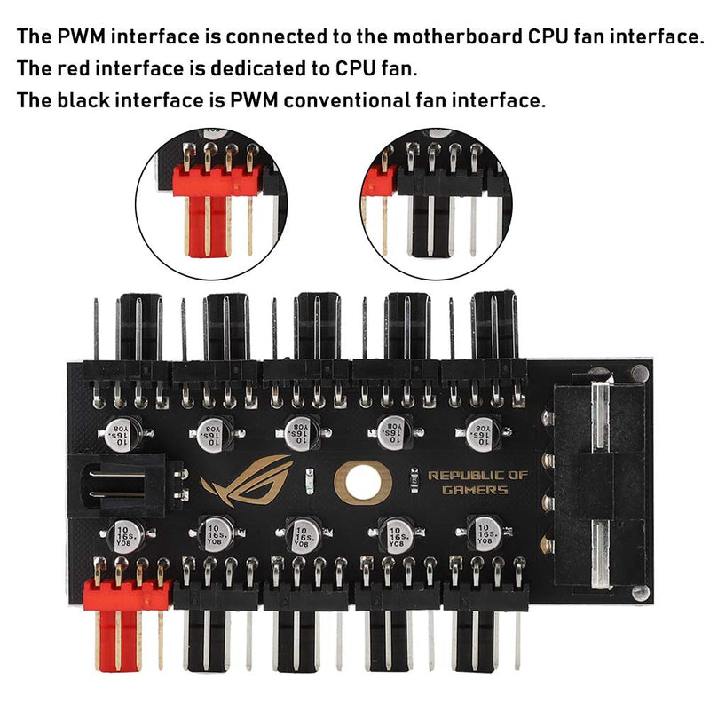  [AUSTRALIA] - 4Pin Chassis Fan Hub, 10 Port PC Case Fan Cable Control, PWM Controller Splitter, Motherboard Cooler Cooling Fan Hub