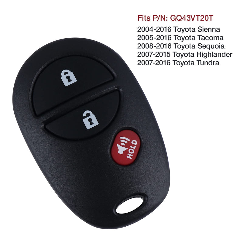  [AUSTRALIA] - Car Key Fob Keyless Entry Remote Control fit 2007-2016 Toyota Tundra /2005-2016 Toyota Sienna Sequoia Tacoma (GQ43VT20T 3-Btn) 1 Pack 3-btn x1
