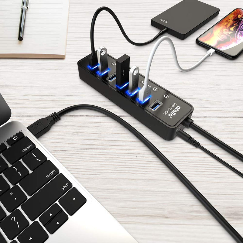  [AUSTRALIA] - Powered USB Hub 3.0, Atolla 7-Port USB Data Hub Splitter with One Smart Charging Port and Individual On/Off Switches and 5V/4A Power Adapter USB Extension for MacBook, Mac Pro/Mini and More.