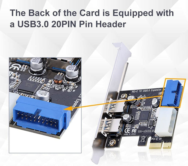  [AUSTRALIA] - Diyeeni 2 Ports PCIE to USB 3.0 Expansion Card, USB Port Card, PCIe USB Card with Internal 20Pin Connector, No Need Additional Power Supports Windows XP / Vista / 7/8/10, 5Gbps Speed