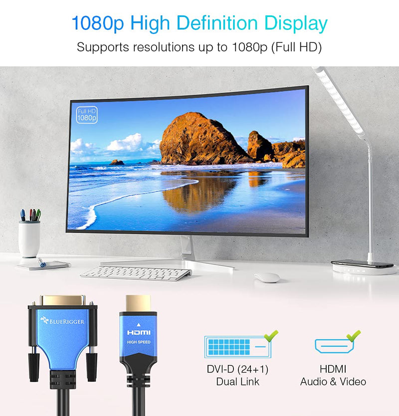  [AUSTRALIA] - BlueRigger HDMI to DVI Cable (10FT, High-Speed, Bi-Directional Adapter Male to Male, DVI-D 24+1, 1080p, Aluminum Casing) - Compatible with Raspberry Pi, Roku, Xbox One, PS5/PS4/PS3, Graphics Card 10 FT