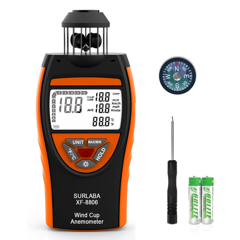  [AUSTRALIA] - Digital Cup Wind Meter, Handheld Anemometer ±4% High Accuracy Wind Gauge Measures MAX/MIN/AVG Wind Speed & Temperature (℃/℉), Wind Meter with Compass for Shooting, Sailing, Surfing, Drone XF-8806