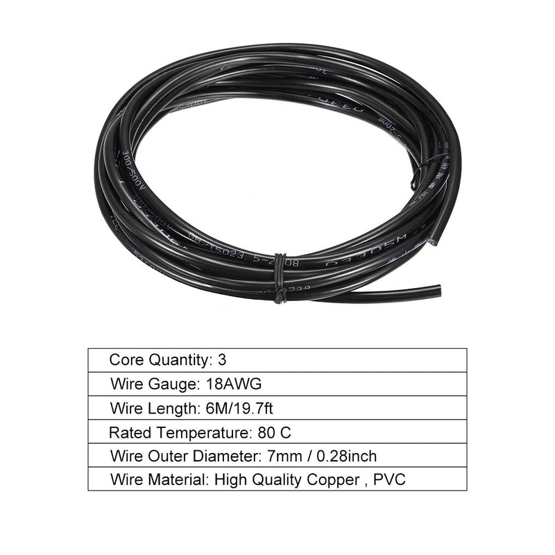  [AUSTRALIA] - uxcell RVV Wire Cable Extension Cord Copper Wire Electric Conductor 3 Core 18 AWG 6M/19.7ft Length 19.7ft