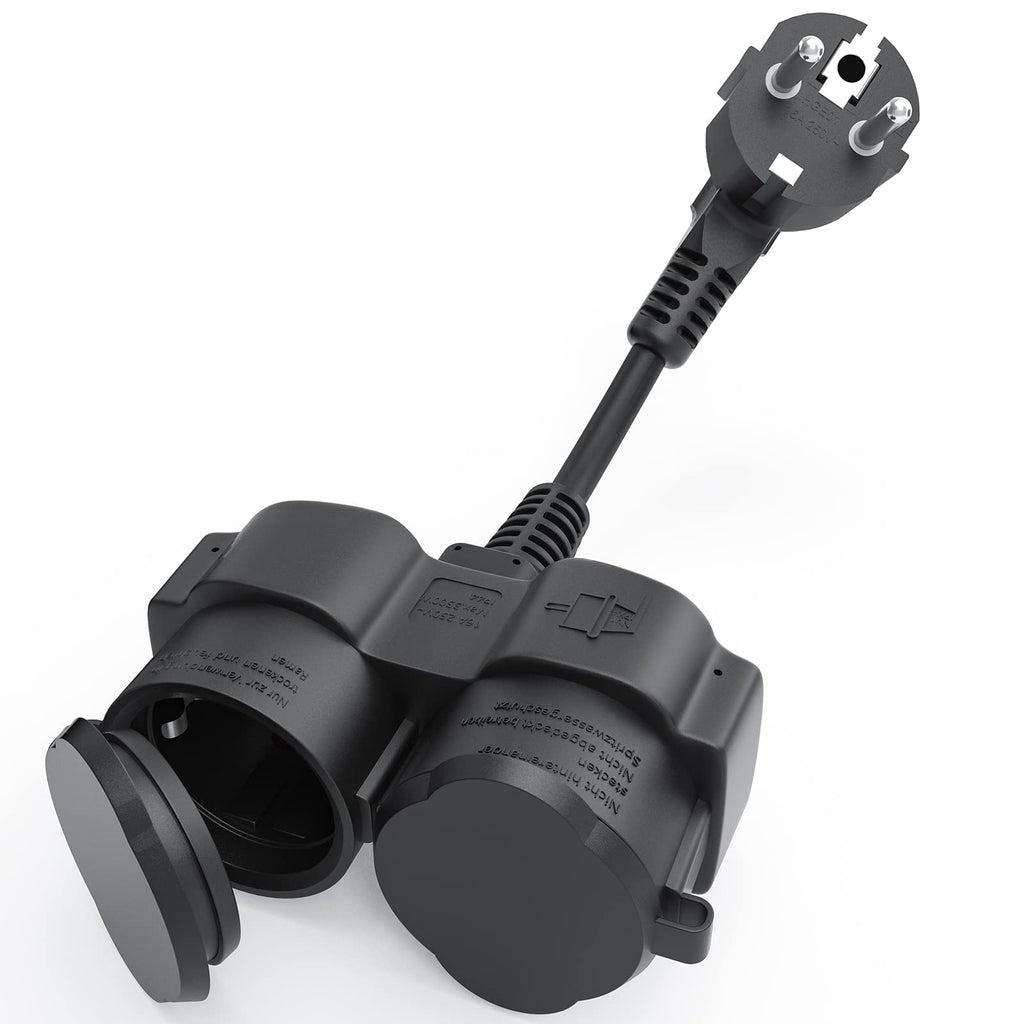  [AUSTRALIA] - Extension cable with 2-way Schuko sockets, 2 rubber plugs for outdoor use, 2 in 1 outdoor socket, double plug with short cable, plastic waterproof IP44 for garden, kitchen, black 2-way IP44