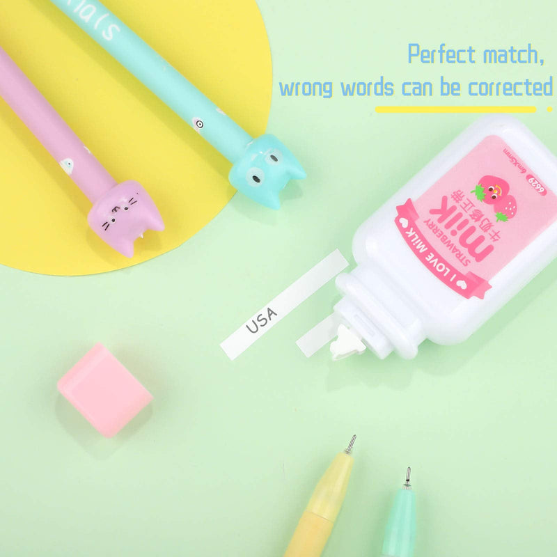  [AUSTRALIA] - 4 Pieces Milk Bottle Style Correction Tape Writing Correction Tape Eraser and 4 Pieces Cute Cartoon Cat Pens Black Writing Gel Ink Pen for Kids Students, School Stationery Office Supplies