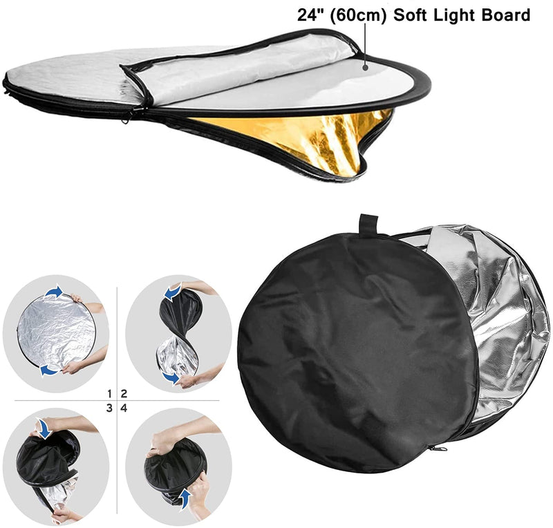  [AUSTRALIA] - Photography Light Reflectors HiYi 60cm/24inch 5-in-1Collapsible Background Diffuser Panel Camera Photo Disc Outdoor Light Reflector Diffuser Accessories (Silver/Gold//Translucent/White/Black) 24inch/60cm