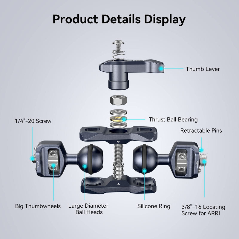  [AUSTRALIA] - SmallRig Articulating Magic Arm with 3/8"-16 Locating Screw for ARRI and 1/4"-20 Screw (with Retractable Pins), 360 Degree Rotation, Max Load of 12 Ib Magic Arm for Monitor, Camera, and Lights 3874