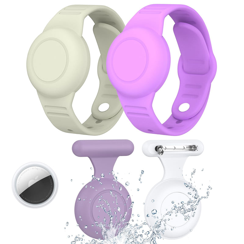  [AUSTRALIA] - [4 Pack] Waterproof AirTag Holder & Airtag Bracelet for Kids Compatible with Apple Air Tag Tracker with Hidden Pin & Airtag Wristband Kids Accessories Silicone Protective Case (White + Light Purple) White + Light Purple