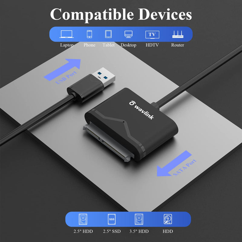  [AUSTRALIA] - WAVLINK USB 3.0 to SATA Adapter Cable, External SATA III Hard Drive Connector for 2.5'' SSD/HDD & 3.5" HDD Data Transfer, Support UASP, Trim and S.M.A.R.T. with 3 mins Auto-Sleep, Max 18TB