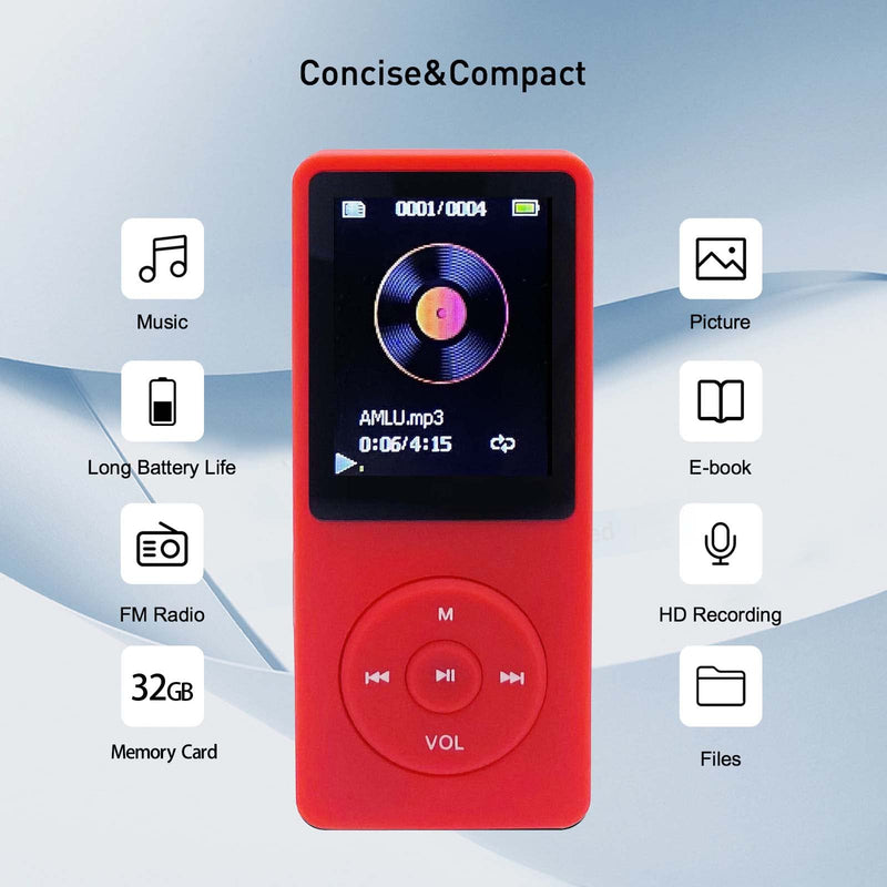  [AUSTRALIA] - MP3 Player 32GB with Speaker FM Radio Earphone Portable Mini Red Music Player Voice Recorder E-Book 1.8 inch HD Screen Support up to 128GB
