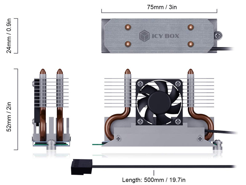  [AUSTRALIA] - ICY BOX M.2 cooler with fan and heat pipe heatsink for M.2 NVMe & SATA SSD up to 2280, 30 mm fan active, thermal pad included With fan (tower)