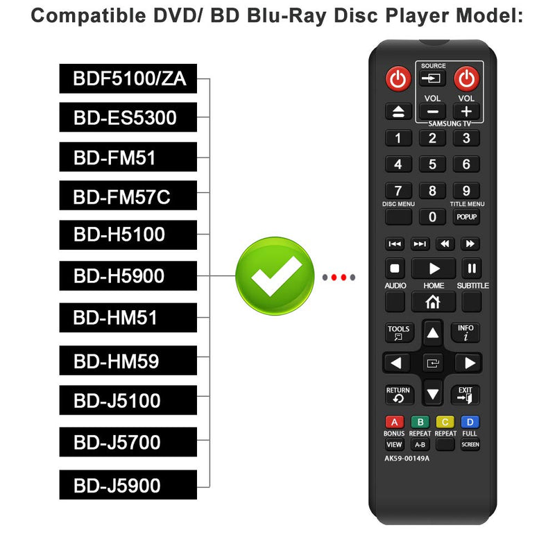 Gvirtue AK59-00149A Remote Replacement for Samsung DVD BD Blu-Ray Disc Player Remote, Applicable BDF5100/ZA BD-ES5300 BD-FM51 BD-FM57C BD-H5100 BD-H5900 BD-HM51 BD-HM59 BD-J5100 BD-J5700 BD-J5900 - LeoForward Australia