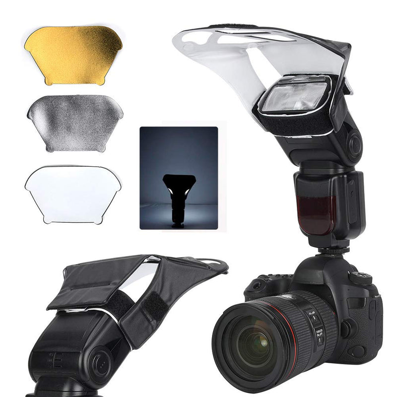  [AUSTRALIA] - Pomya Flash Diffuser Reflector Kit,Universal SLR Camera Top Flash Light Lamp Reflector Board Set for SLR Camera Top Flash Light (Silver, White,Golden)