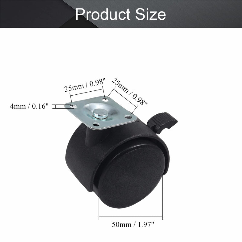  [AUSTRALIA] - MroMax 1.97 inch Wheel Dia PP Swivel Caster Wheels Plastic 360 Degree 25mm x 25mm Top Plate Mounted Caster Twin Wheel 50mm for Office Chair Commodity Shelf Black Tone with Brake 4Pcs