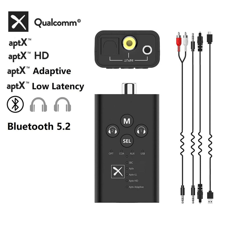  [AUSTRALIA] - eppfun AK3046D Bluetooth 5.2 Qualcomm aptX-Adaptive HD Transmitter with 3.5mm AUX/RCA/COAXIAL/SPDIF Optical, SBC / aptX /aptX-ll Low Latency Dual Connection Audio Adapter for TV PC (Black) Black