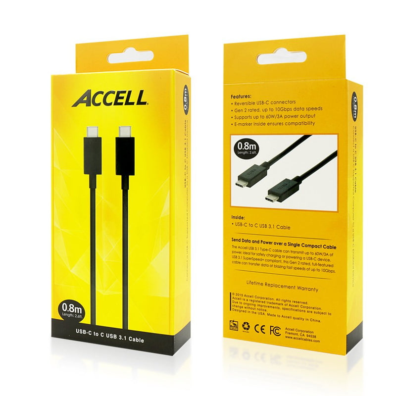Accell USB-C to C Cable - USB-IF Certified SuperSpeed+ USB 3.1 Gen 2 (10 Gbps) - 2.6 Feet (0.8 Meters) - Retail Box USB-C to USB-C - LeoForward Australia
