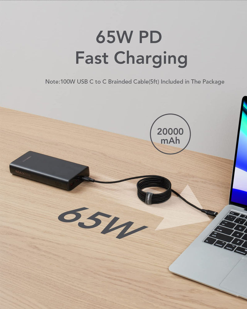  [AUSTRALIA] - Laptop Power Bank,65W PD3.0 Portable Charger for Laptop, QC 3.0 20000mAh Power Bank, VEEKTOMX Fast Charging 3 Outputs Battery Pack for MacBook/iPhone/Switch/Tablet/Samsung Black