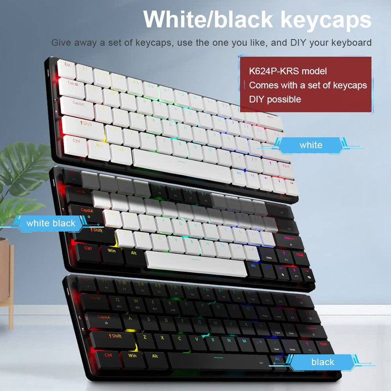  [AUSTRALIA] - Redragon K624 60% Low Profile Slim Mechanical Gaming Keyboard Wired/Wireless 2.4G and Bluetooth hot swappable Slient Red Switches Backlit RGB with White Black 2 Sets of Keycap