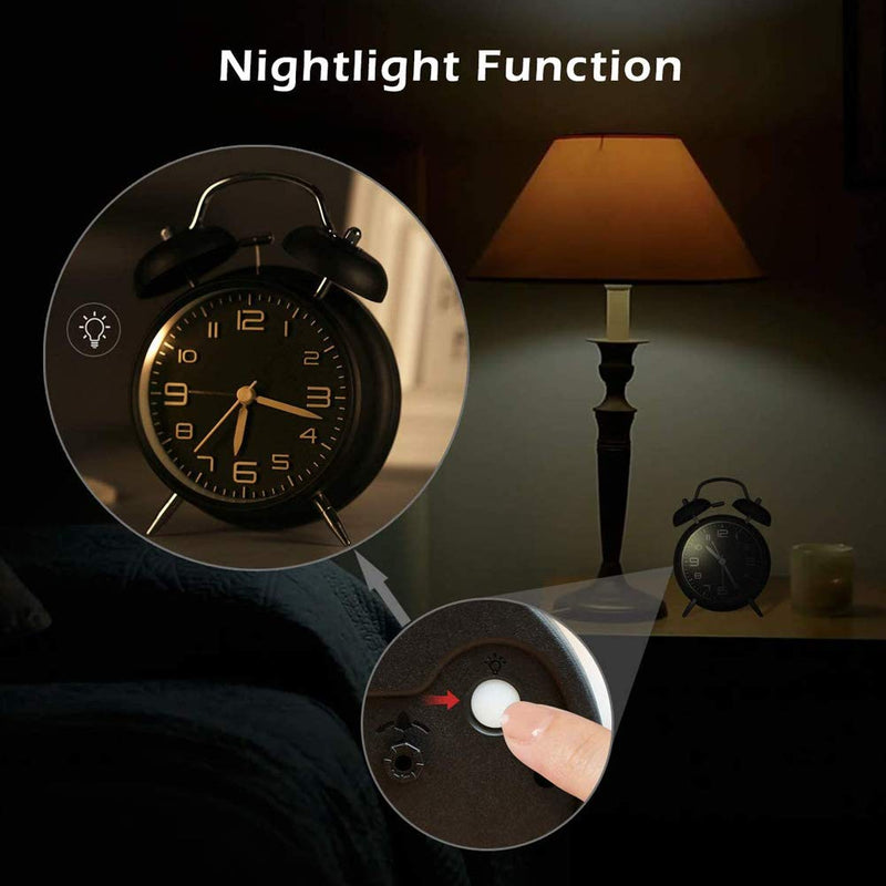  [AUSTRALIA] - ACIYHN 4 inches Twin Bell Alarm Clock for Heavy Sleepers,Loud Alarm Clock with Backlight for Bedroom,Battery Operated, Stereoscopic Dial（Black） Black