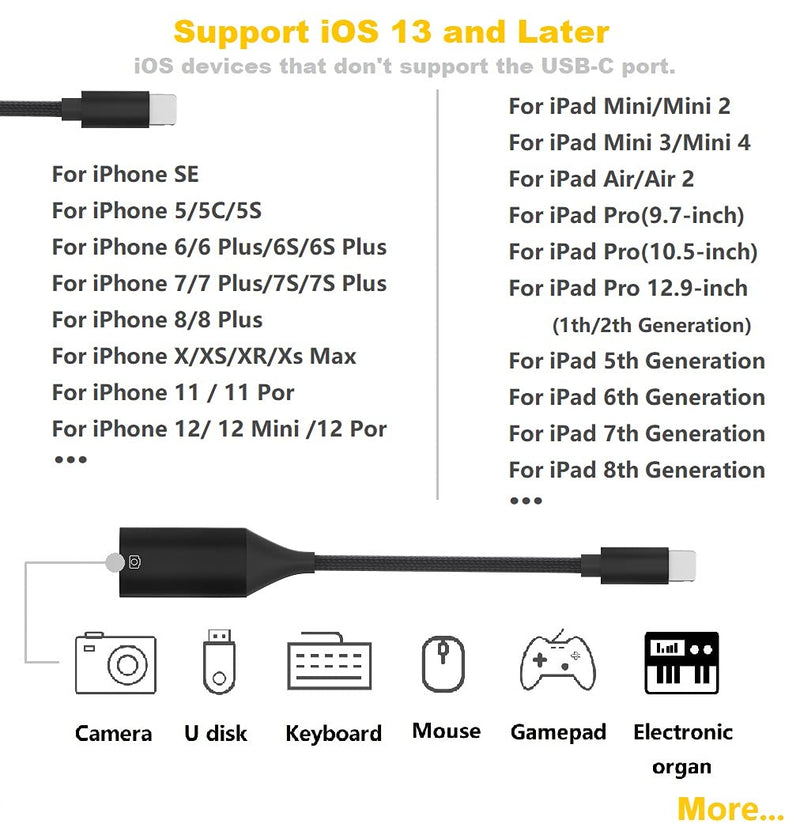  [AUSTRALIA] - USB Camera Adapter for iPhone, iOS Male to USB Femlae OTG Data Sync Cable Adapter Supports USB Card Reader, USB Flash Drive, Keyboard Mouse.Play & Plug（Black） Black