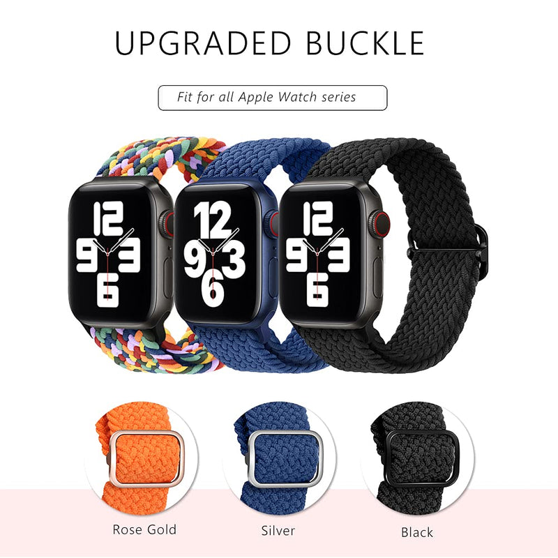  [AUSTRALIA] - Atenzol Braided Watch Bands Elastic Solo Loop Compatible for Apple Watch 7/6/SE/5/4/3/2/1, with Adjustable Buckle, Stretchy Sport Wristband for iWatch 38mm 40mm 41mm 42mm 44mm 45mm, Women/Men, 2 Packs Black+Blue