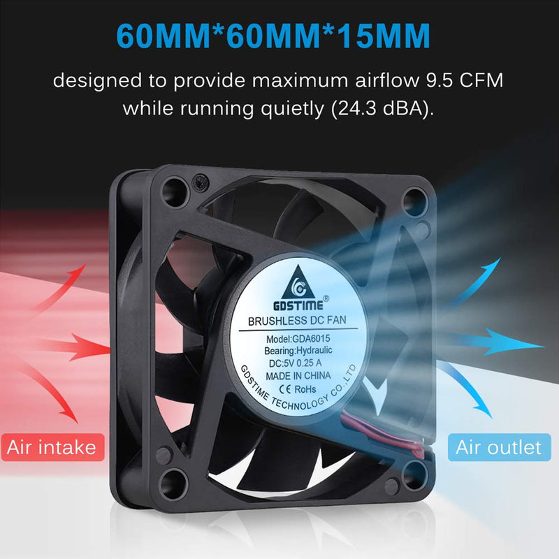  [AUSTRALIA] - GDSTIME 2-Pack 60mm x 15mm USB Fan 5V Brushless DC Cooling Fans for PC Computer Case Cooler Raspberry Pi Radiator Ventilation 60x60x15mm
