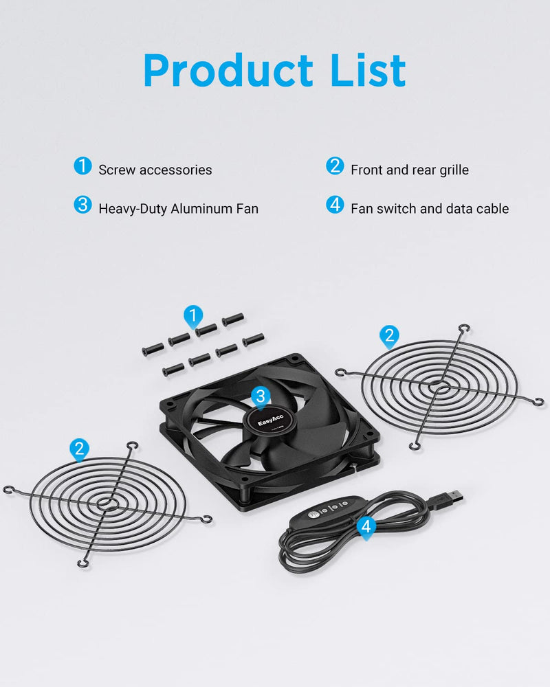  [AUSTRALIA] - Computer Fan, EasyAcc 120mm Cooling Fans, Quiet Edition High Airflow USB Fan with 3 Speed Control, Long Life Computer Case Fan for Receiver DVR Playstation Xbox Cabinet CPU Cooler-1700RPM