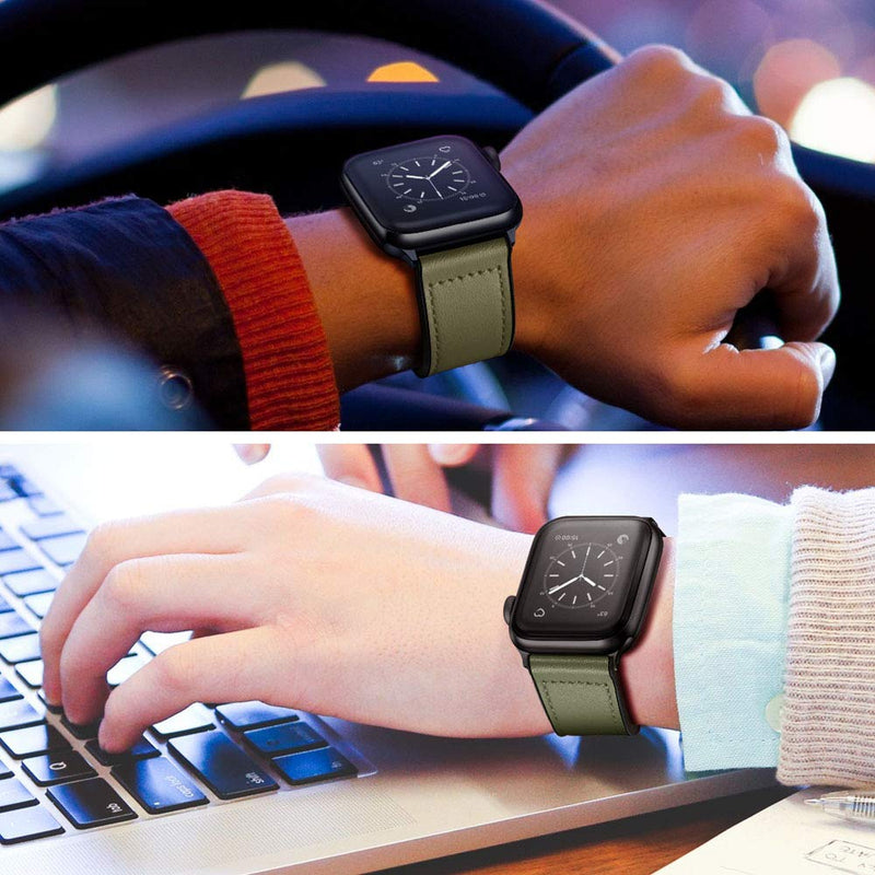 OUHENG Compatible with Apple Watch Band 40mm 38mm, Sweatproof Genuine Leather and Rubber Hybrid Band Strap Compatible with iWatch Series 6 5 4 3 2 1 SE, Army Green Band with Black Adapter Army Green/Black 38mm/40mm - LeoForward Australia
