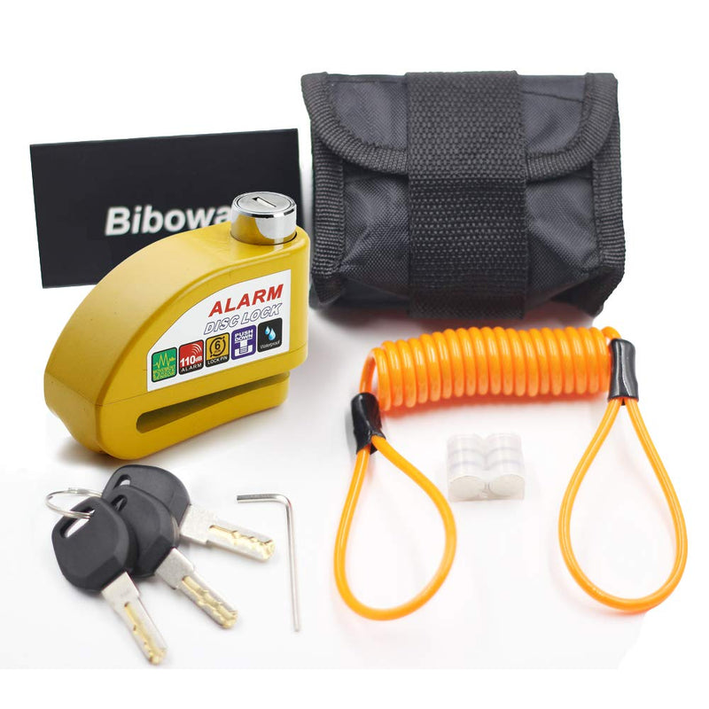  [AUSTRALIA] - Bibowa Disc Brake Lock - Anti Theft Motorcycle Lock with 110db Alarm Sound 5ft Reminder Cable, Pouch and Standby Battery Yellow