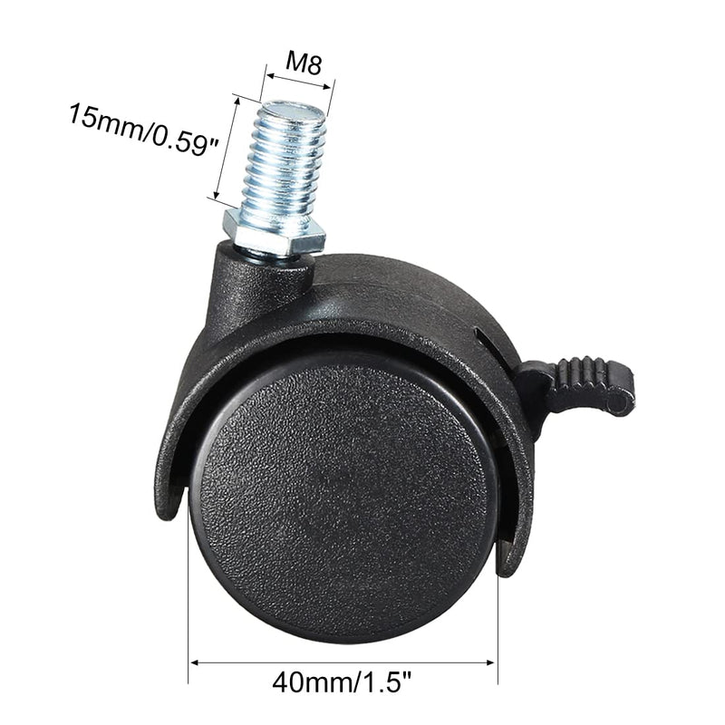  [AUSTRALIA] - uxcell 1.5 Inch Swivel Caster Wheels Nylon 360 Degree Threaded Stem Caster Wheel with Brake, M8 x 15mm, 100lb Total Capacity, Pack of 4