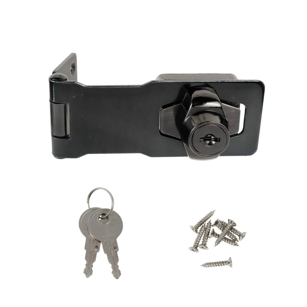  [AUSTRALIA] - Geesatis 1 Pcs Hasp Door Latch Lock Keyed Locking Hasp Catch Latch Lock for Cabinet Drawer Box, with Keys and Mounting Screws, Black