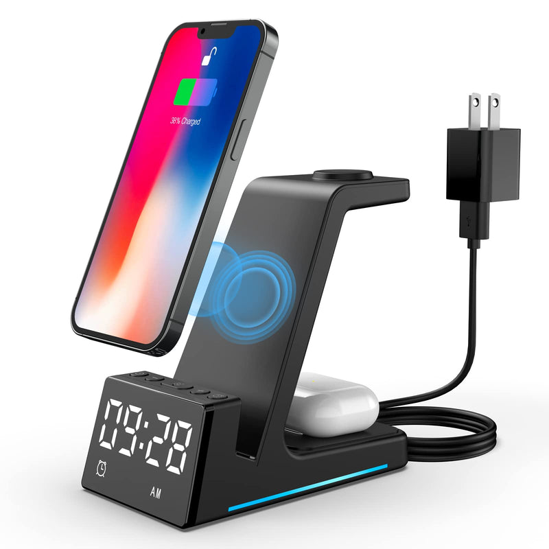  [AUSTRALIA] - Alarm Clock with Wireless Charging Station (Not Applicable to Watch) - Brightness Control Display, Volume Control, Fast 15W Bedside Wireless Charger Stand for iPhone and AirPods