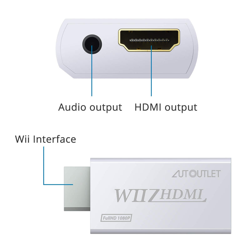  [AUSTRALIA] - AUTOUTLET Wii to Hdmi Converter Output Video Audio Adapter, with 1M HDMI Cable Wii2HDMI 3.5mm Audio Video Output Supports 720/1080P All Wii Display Modes for Nintendo White