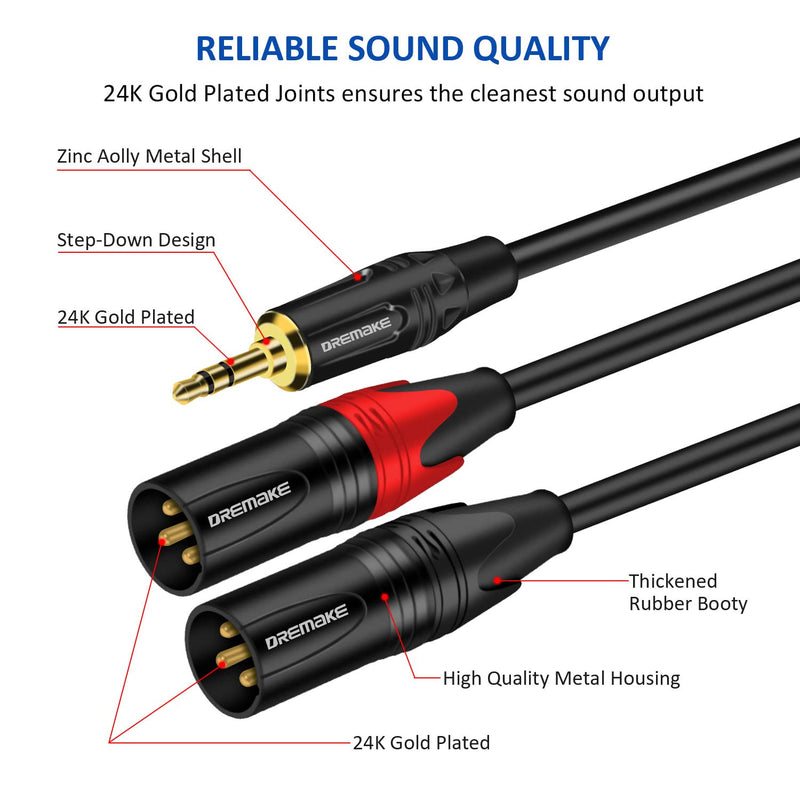  [AUSTRALIA] - DREMAKE TRS 3.5mm 1/8'' Male to Dual XLR 3-Pin Male Audio Breakout Cable, 6FT 3.5mm 1/8 Inch to Dual XLR Male Adapter Interconnect Y Splitter Cable, Jack 3.5mm TRS Stereo to Double XLR Male Patch Cord 6FT/2.0M