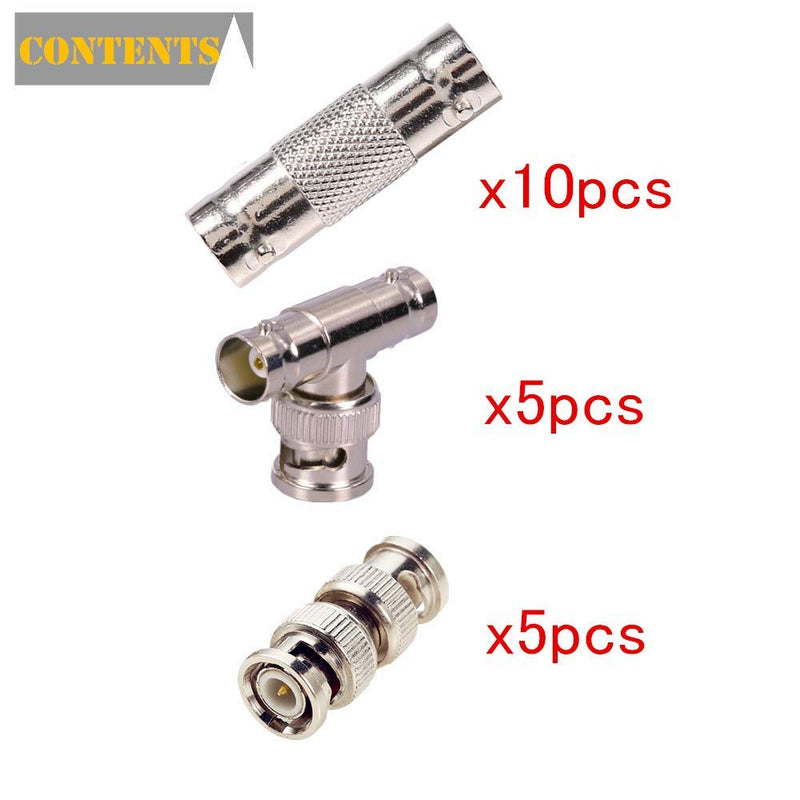  [AUSTRALIA] - BeElion 20-Pack BNC Male/Female to Male/Female Straight/T-Shape Connectors Kit, 5PCS M/M 10PCS F/F 5PCS 1M/2F BNC Coaxial Coupler Adapter Connectors for CCTV Camera Survelliance System