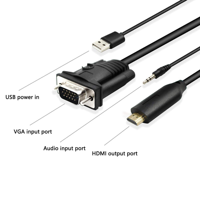  [AUSTRALIA] - 1.8m Male VGA to Male HDMI Converter Adapter cablewith 1080P HD Video Converter Cord with 3.5mm Audio Cable & USB Power Cable for Old PC to New TV/Monitor/Projector