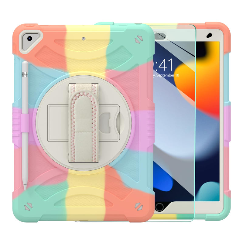  [AUSTRALIA] - iPad Case 9th 8th Generation 10.2 Inch 2021 2020, Heavy Duty Kids Case with Tempered Glass Screen Protector Pencil Holder Hand Strap Carrying Strap for iPad 7th Gen 10.2 2019 -Multicolor Multicolor+Glass Screen Protector