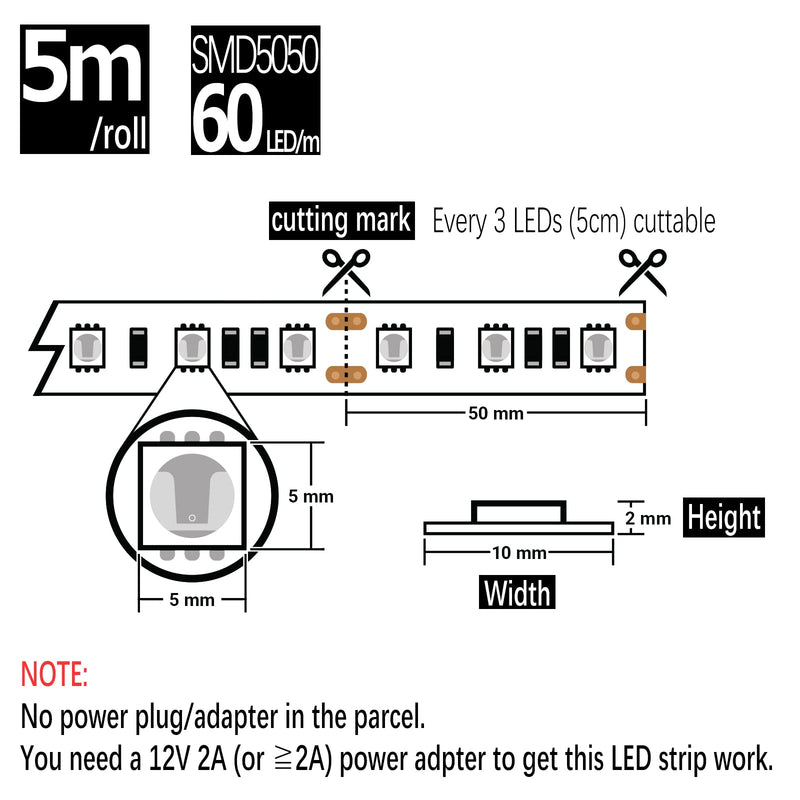  [AUSTRALIA] - Blue LED Strip Light, 16ft/5m SMD5050 (60 LED/s) Total 300 LEDs DC12V Flexible Cuttable LED Tape Light (No 12V Power Plug/Adapter) Blue