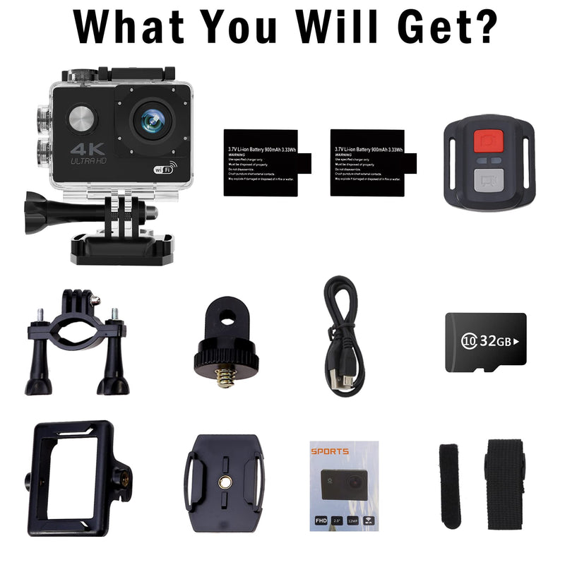  [AUSTRALIA] - Adostob 4K30FPS Action Camera Ultra HD Underwater Cameras 98FT 30M Waterproof Camera with Remote Control & 32G SD Card Sports Cameras Support WiFi and 170 Degree Wide Angle Black