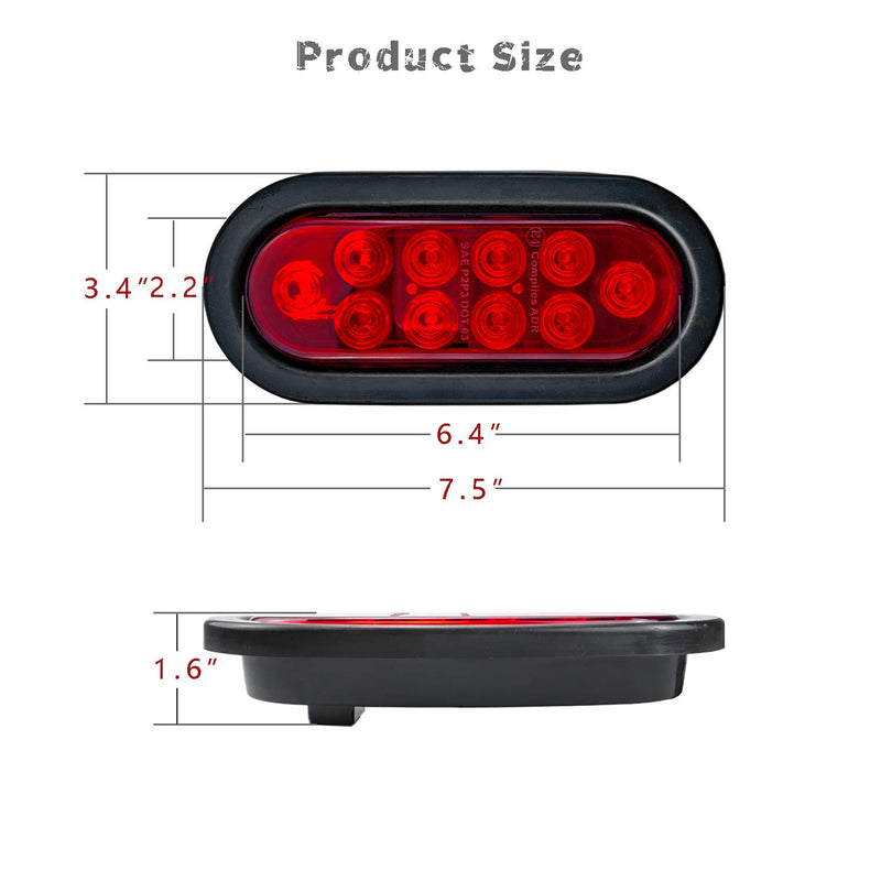  [AUSTRALIA] - LivTee Waterproof 6" Oval Red LED Trailer Lights Tail Brake Stop Turn Parking Light Kit with Grommet and Plug for Boat Trailers RV Jeep Trucks, 2pcs