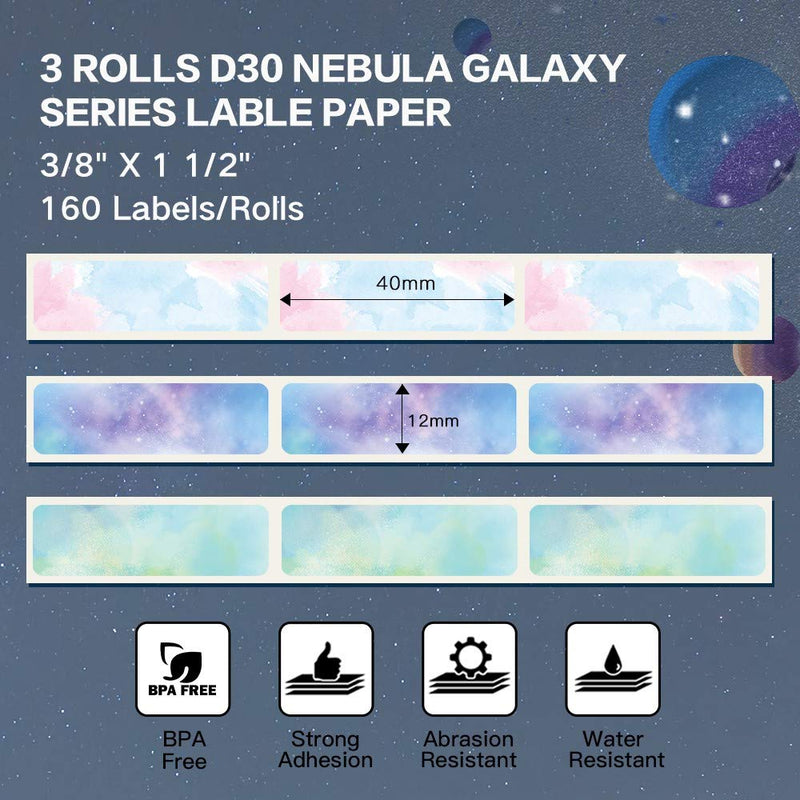  [AUSTRALIA] - Phomemo D30 Adhesive Nebula/Galaxy Series Pattern Paper 3/8" X 1 1/2" (12mm X 40mm) 160 Labels/Roll, 3 Roll