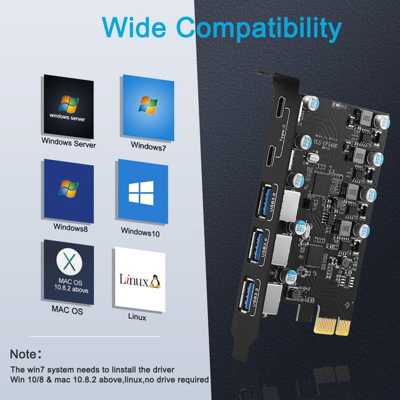  [AUSTRALIA] - PCIe Card (3xUSB-A, 2xUSB-C) 5-Port USB3.0 PCI Express Expansion Card PC Host Card 5Gbps for Windows 11/10/8/7/XP Linux and MAC OS 10.8.2 Above 3xUSB3.0-A+2xUSB-C PCIe Card