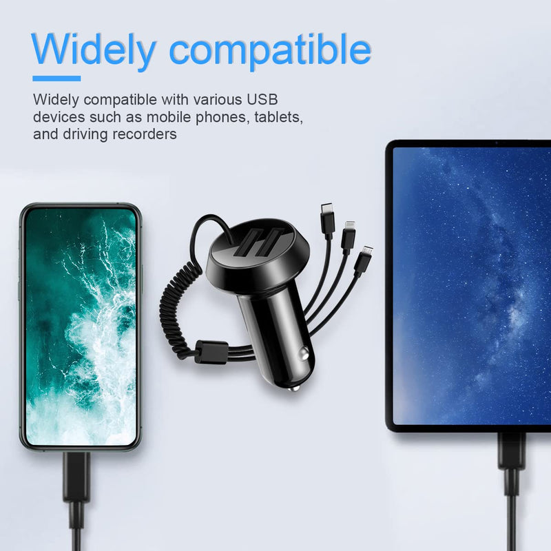  [AUSTRALIA] - Quick Charge Car Charger, Dual Ports Car Charger Adapter with Stretchable Cable and 3 in 1 Fast Charging Cord for iPhone 13/Pro Max/Pro, 12/11, Samsung Galaxy, iPad, Camera,Suitable for Most Cars