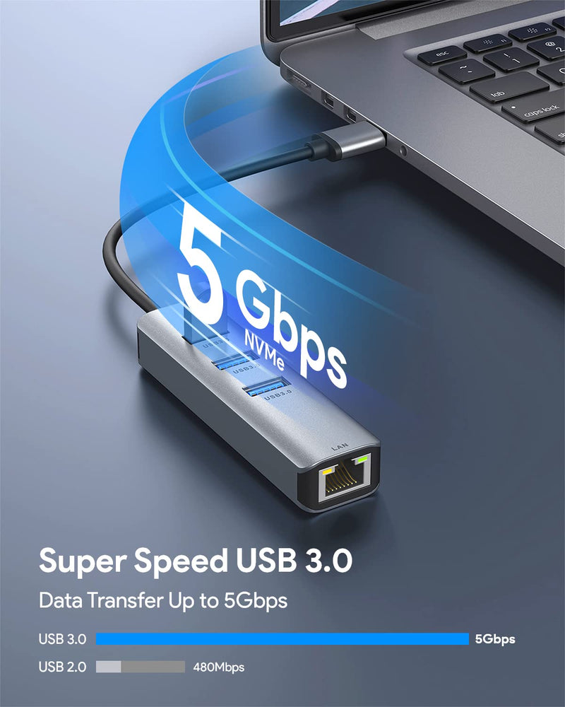  [AUSTRALIA] - USB 3.0 to Ethernet Adapter,ABLEWE 3-Port USB 3.0 Hub with RJ45 10/100/1000 Gigabit Ethernet Adapter Support Windows 10,8.1,Mac OS, Surface Pro,Linux,Chromebook and More Grey