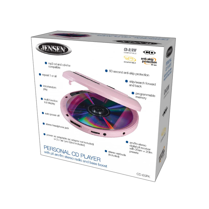  [AUSTRALIA] - Jensen CD-65 Pink Portable Personal CD Player CD/MP3 Player + Digital AM/FM Radio + with LCD Display Bass Boost 60-Second Anti Skip CD R/RW/Compatible Sport Earbuds Included (Limited Edition Color)