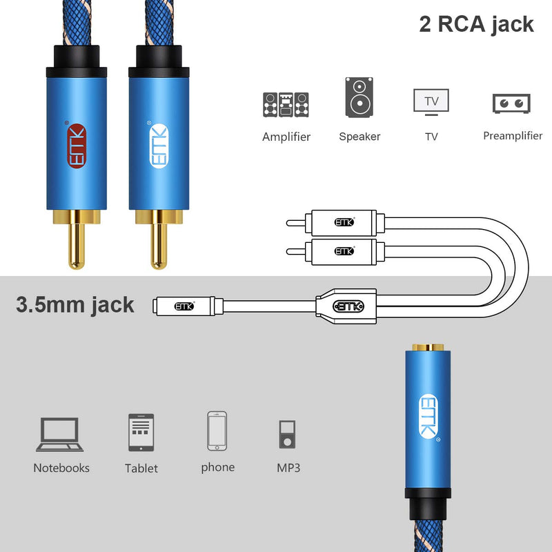 EMK 3.5mm Female to 2 RCA Adapter Stereo Audio Cable 35cm 24K Gold Plated Compatible for Smartphones, MP3, Tablets, Home Theater and More,Blue - LeoForward Australia