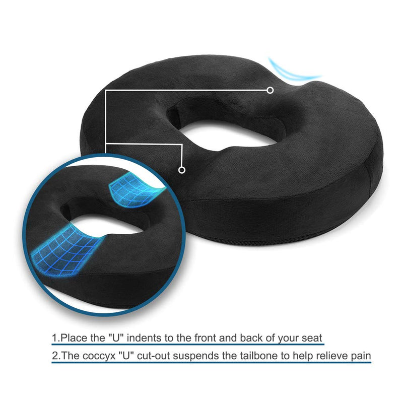  [AUSTRALIA] - Emoobin Donut Pillow Hemorrhoid Cushion - Memory Foam Donut Seat Cushion - Tailbone Pain Relief Cushion for Pregnancy, Coccyx, Bed Sores, Back, Sciatica,18 Inches Black