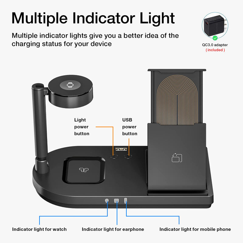 Upgraded Wireless Charging Station, 4 in 1 Qi-Certified 15W Fast Charging Dock with Bedside Lamp, Compatible for iPhone 12/11 Series, AirPods, Apple Watch Series SE/6/5/4/3/2/1 (Black) Black - LeoForward Australia