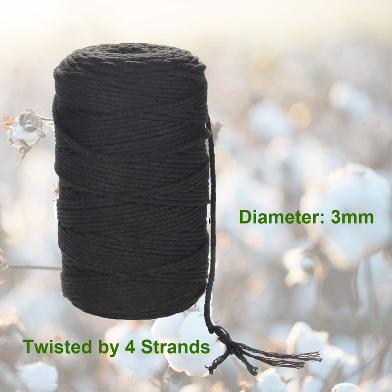 Macrame Cord, ZOUTOG 3mm x 220 yd (About 200m) 100% Natural Cotton Soft Unstained Rope for Handmade Plant Hanger Wall Hanging Craft Making, Black 3mm * 220yd - LeoForward Australia