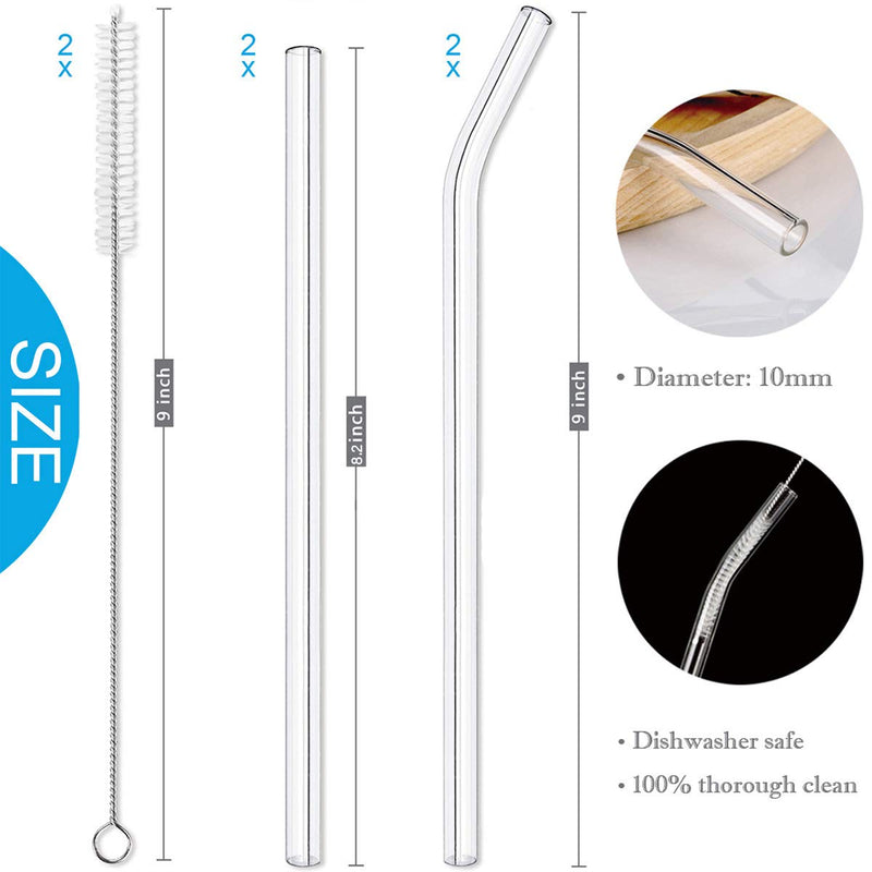  [AUSTRALIA] - Set of 4 10mm Reusable Glass Straws with Straight 9 Inches and Bent 8.2 Inches, Includes 2 Cleaning Brushes, for Hot or Cold Drinks 2 straight, 2 bent, 2 brushes